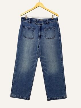 Loft Wide Leg Patch Pocket Jeans Size 10 Medium Wash Bleached High Rise Ankle